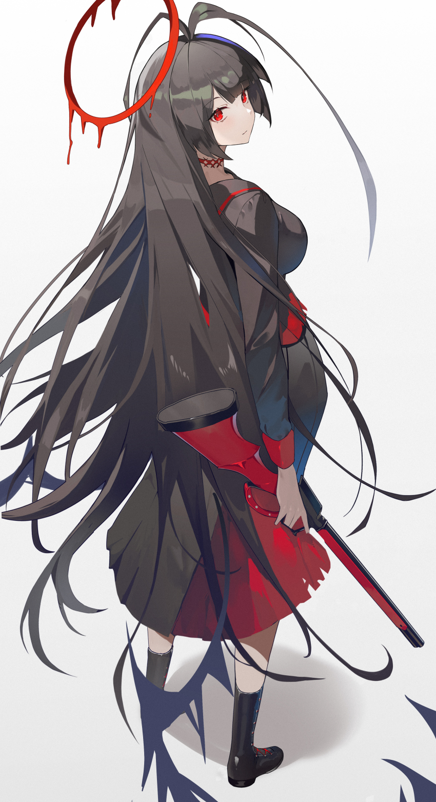 1girl, absurdres, black_hair, black_serafuku, black_socks, blue_archive, feishi, grey_background