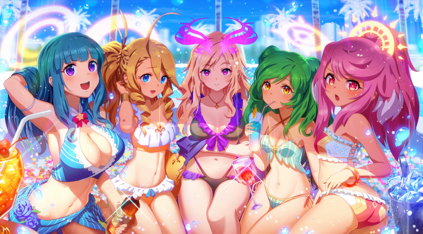5girls, absurdres, ass, bikini, blonde_hair, blue_hair, breasts, cleavage