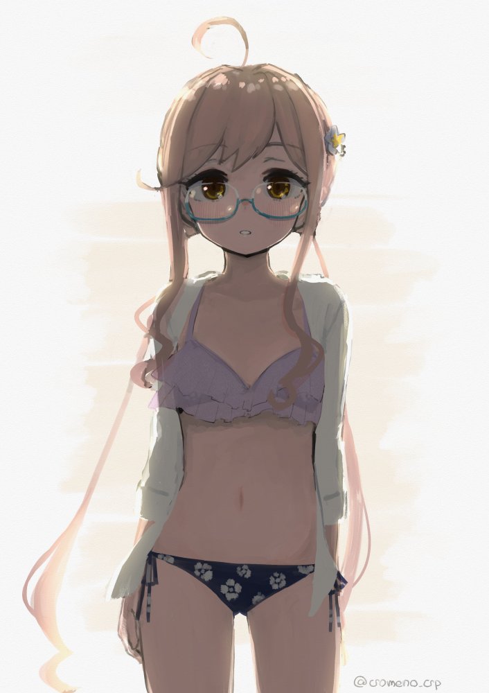 1girl, ahoge, bikini, black_bikini, brown_eyes, floral_print, flower, glasses
