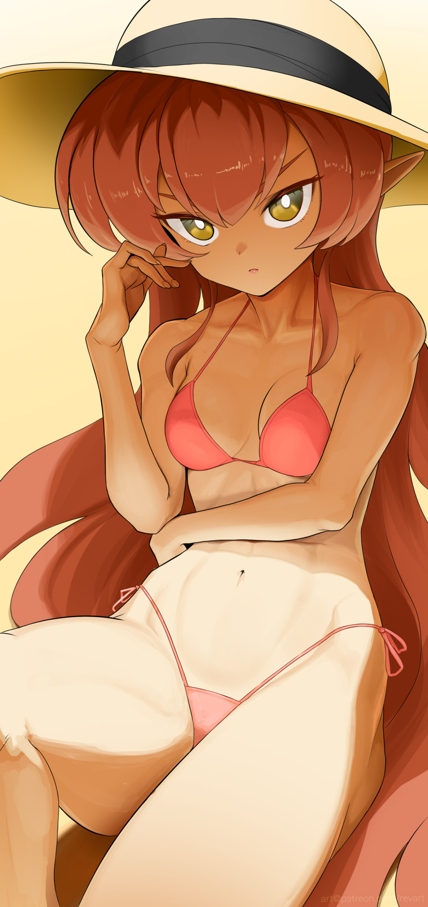 1girl, absurdres, belly, bikini, breasts, cleavage, elf, hat