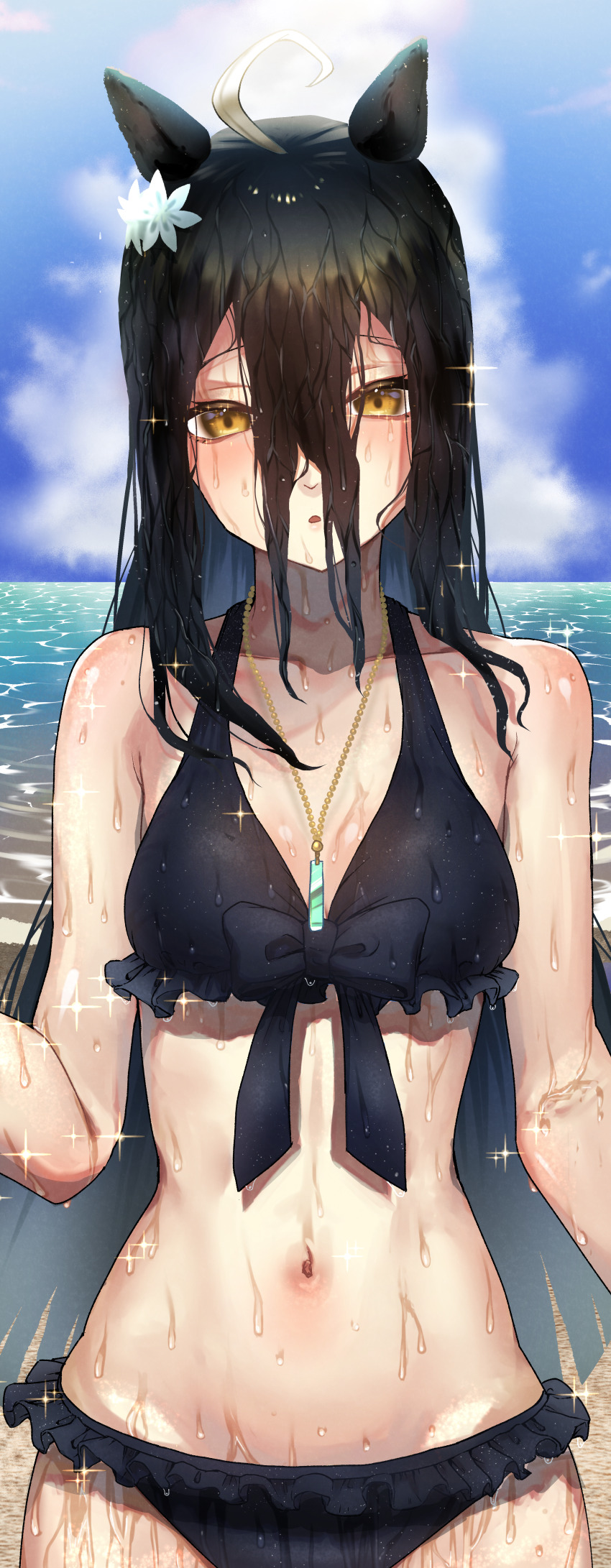 1girl, a4_(a4_eishi), absurdres, ahoge, animal_ears, bare_shoulders, bikini, black_bikini