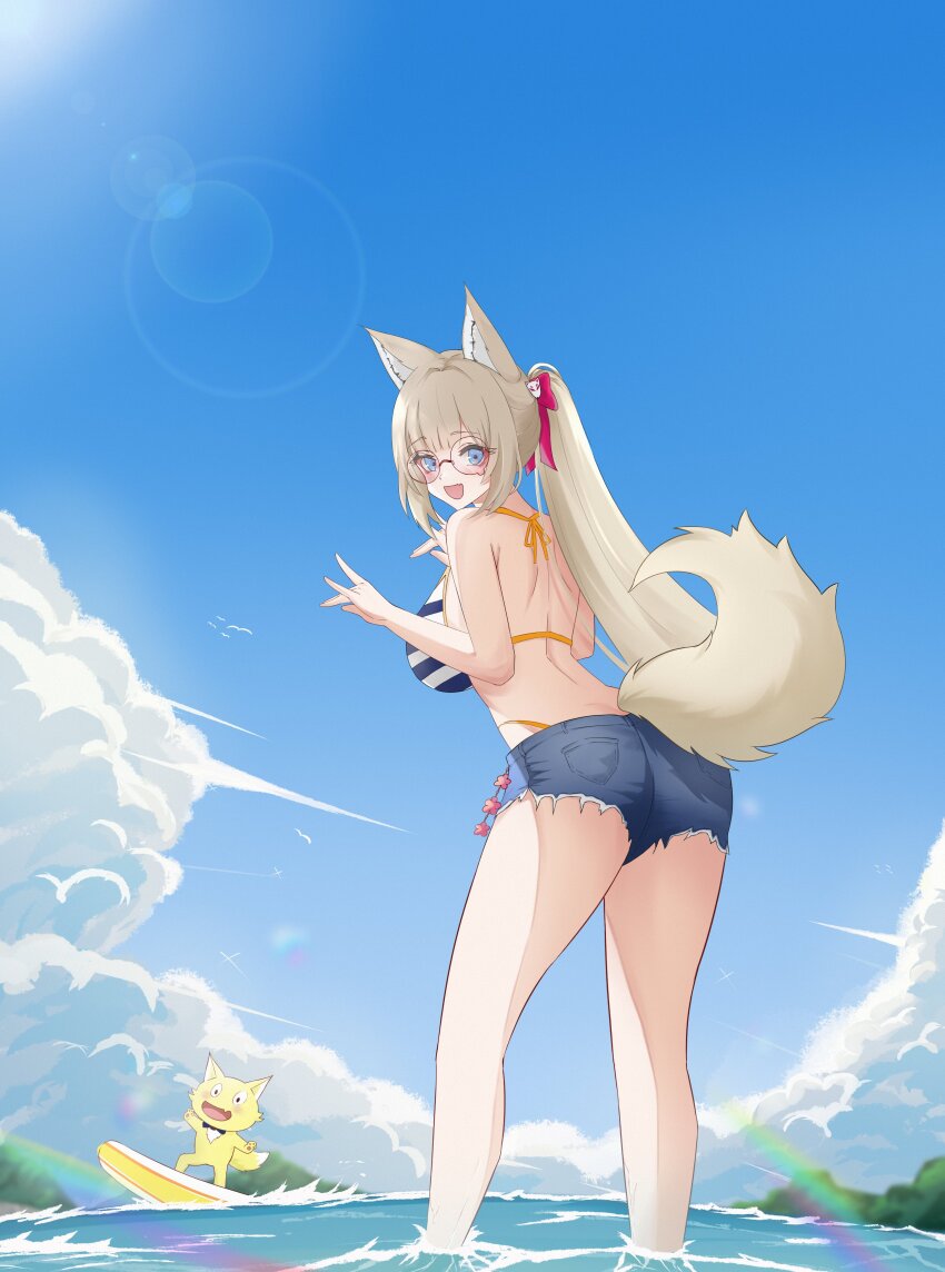 1girl, absurdres, alternate_breast_size, alternate_hairstyle, animal_ear_fluff, animal_ears, ass, bikini