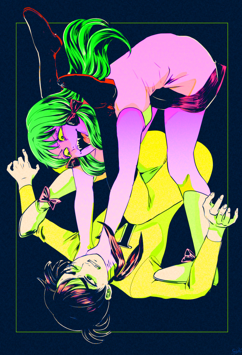 1boy, 1girl, bent_over, black_bag, bodysuit, boots, bow, chargeman_ken!, colored_sclera, colored_skin, dress, folded, footwear_bow, hair_bow, hashibashishida, highres, izumi_ken, knee_boots, long_hair, lying, multiple_hair_bows, naoko_(chargeman_ken!), on_back, one_eye_closed, open_mouth, purple_skin, scarf, sharp_teeth, sidelocks, signature, sleeveless, sleeveless_dress, strangling, sweatdrop, teeth, v-shaped_eyebrows