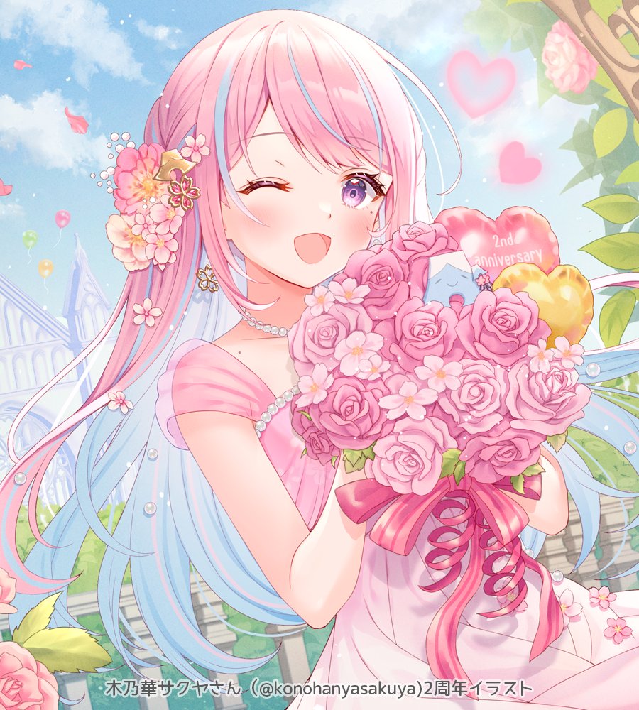 1girl, ;d, bead_choker, blue_hair, blue_sky, blush, choker, cloud, colored_inner_hair, dress, feet_out_of_frame, flower, hair_flower, hair_ornament, heart, holding, indie_virtual_youtuber, konohanya_sakuya, long_hair, multicolored_hair, one_eye_closed, open_mouth, pink_flower, pink_hair, pink_rose, purple_eyes, rose, serino_itsuki, sky, smile, solo, streaked_hair, virtual_youtuber, white_choker, white_flower