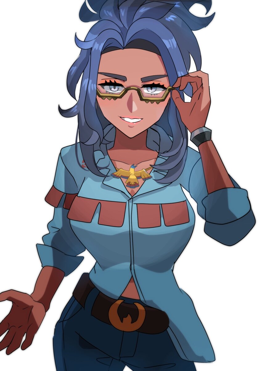 1girl, adjusting_eyewear, akisame_kanon, belt, black_hair, collared_shirt, dark-skinned_female, dark_skin, fringe_trim, glasses, grey_eyes, hand_on_eyewear, highres, holding, jewelry, long_hair, looking_at_viewer, nintendo, pokemon, pokemon_scarlet_and_violet, ponytail, raifort_(pokemon), semi-rimless_eyewear, shirt, shirt_partially_tucked_in, smile, solo, under-rim_eyewear