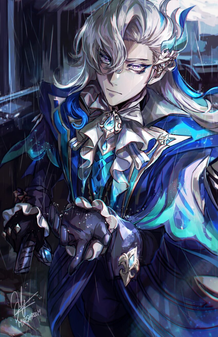 1boy, ascot, black_gloves, blue_coat, blue_eyeliner, blue_gem, blue_hair, blue_headwear