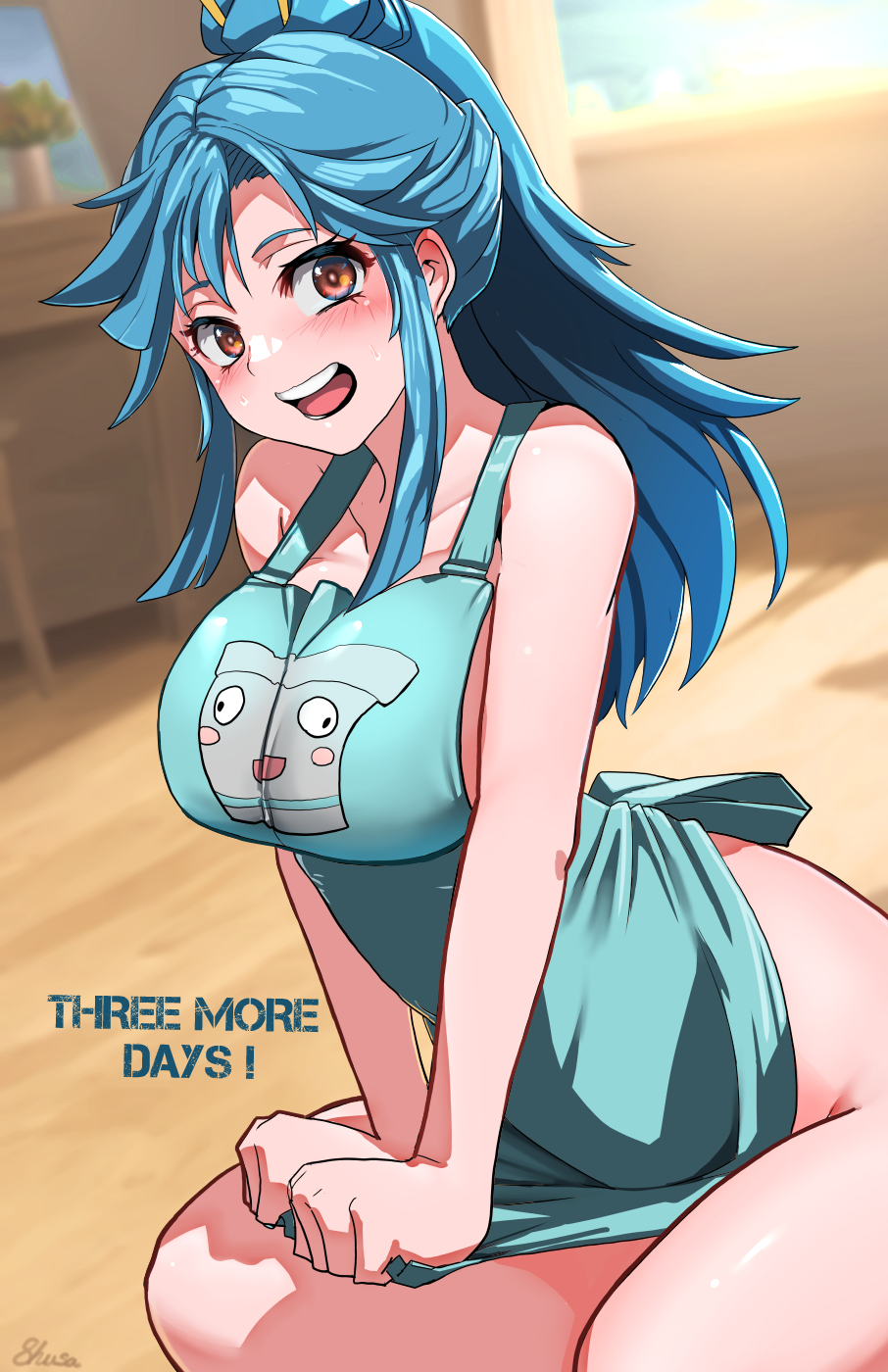 1girl, alternate_costume, apron, apron_tug, bare_arms, bare_shoulders, black_lips, blue_hair