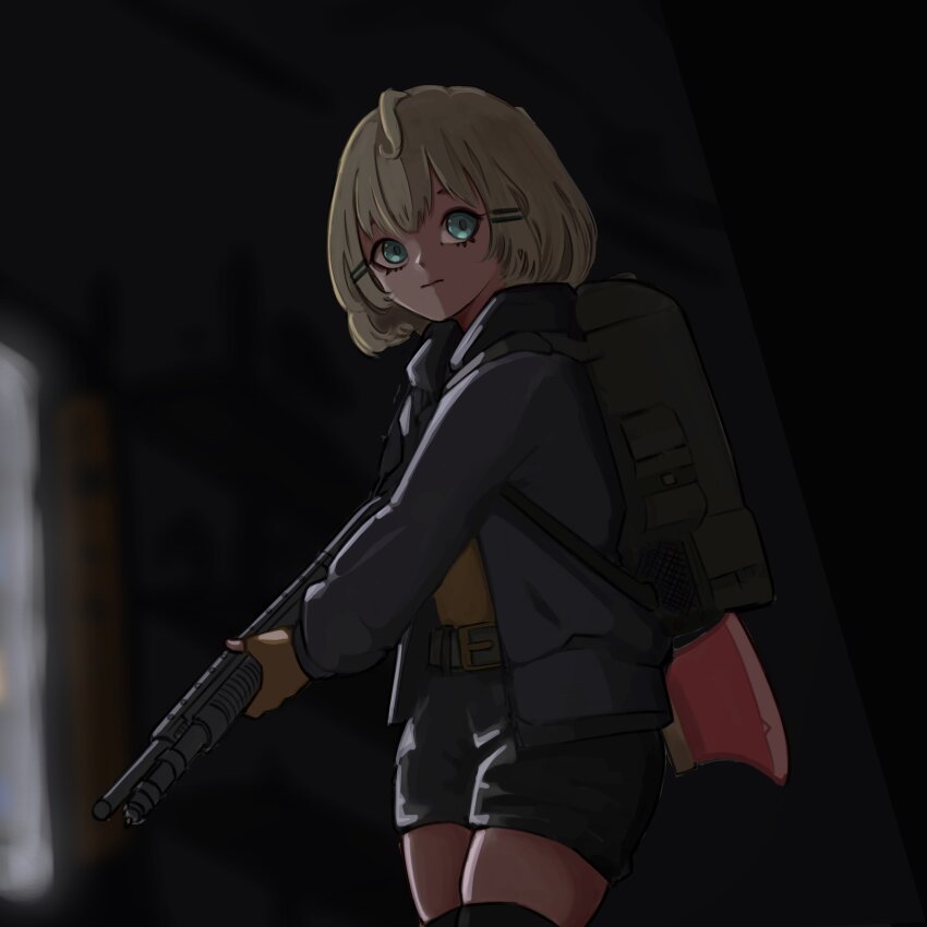 1girl, absurdres, alternate_costume, bag, blonde_hair, green_bag, gun, highres, holding, holding_gun, holding_weapon, khai_sann, millie_parfait, nijisanji, nijisanji_en, project_zomboid, shotgun, tagme, virtual_youtuber, weapon