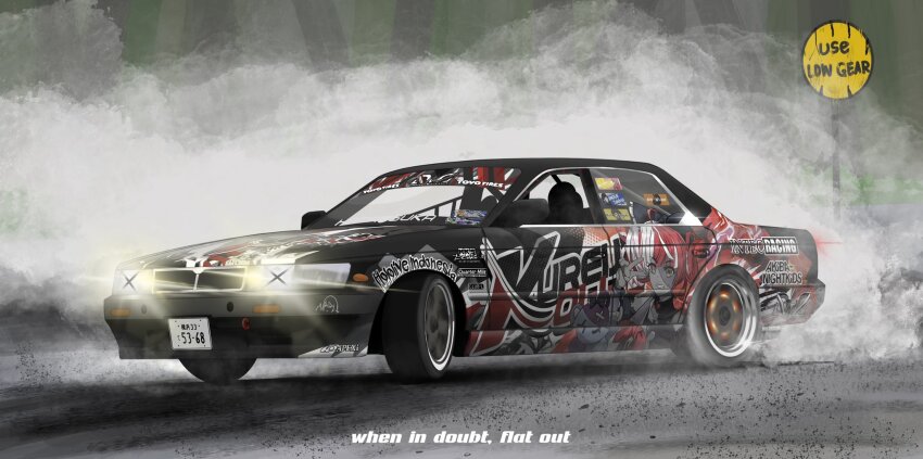 asamiya_mariko_(holeecrab), bocchi_the_rock!, car, character_name, commentary, commission, copyright_name, drifting, english_commentary, english_text, glowing, gotoh_hitori, highres, hololive, hololive_indonesia, inoue_takina, itasha, kawaii_fitment, kawaii_fitment-chan, kureiji_ollie, kureiji_ollie_(1st_costume), la+_darknesss, la+_darknesss_(1st_costume), license_plate, lycoris_recoil, motor_vehicle, nissan, nissan_laurel, original, road_sign, sei_illustrations, sign, smoke, sticker, udin_(kureiji_ollie), usada_pekora, usada_pekora_(1st_costume), vehicle_focus, virtual_youtuber