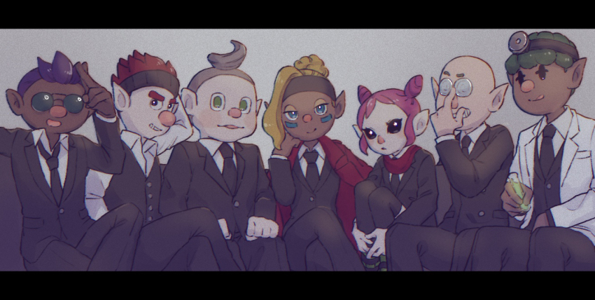 2girls, 6+boys, :q, adjusting_eyewear, alien, alternate_costume, asymmetrical_bangs, bald, bernard_(pikmin), black_border, black_eyes, black_headband, black_jacket, black_necktie, black_pants, black_suit, black_vest, blonde_hair, blue_eyes, blush_stickers, border, buttons, clenched_hands, closed_mouth, coat, coattails, coke-bottle_glasses, collared_shirt, collin_(pikmin), commentary_request, cone_hair_bun, crossed_legs, curled_up, dark-skinned_female, dark-skinned_male, dark_skin, dingo_(pikmin), doctor, double_bun, everyone, facial_mark, formal_clothes, frown, glasses, green_eyes, green_hair, grey_hair, hair_bun, hair_pulled_back, half-closed_eyes, hand_on_eyewear, hand_on_own_chin, hand_on_own_head, hands_on_lap, hands_on_own_legs, head_mirror, headband, holding, holding_vial, jacket, jacket_on_shoulders, lab_coat, layered_sleeves, lineup, long_sleeves, looking_at_viewer, multiple_boys, multiple_girls, necktie, nintendo, missing_headwear, open_mouth, pants, parted_lips, pikmin_(series), pikmin_4, pink_hair, pocket, pointy_ears, purple_hair, red_hair, red_jacket, red_scarf, rescue_officer_(pikmin), russ_(pikmin), salute, scarf, shepherd_(pikmin), shirt, short_hair, sitting, smile, solid_oval_eyes, spiked_hair, suit, sunglasses, tailcoat, teeth, thick_eyebrows, tongue, tongue_out, tsukimi_(ypnecocm), vest, vial, white_background, white_coat, white_shirt, yonny_(pikmin)