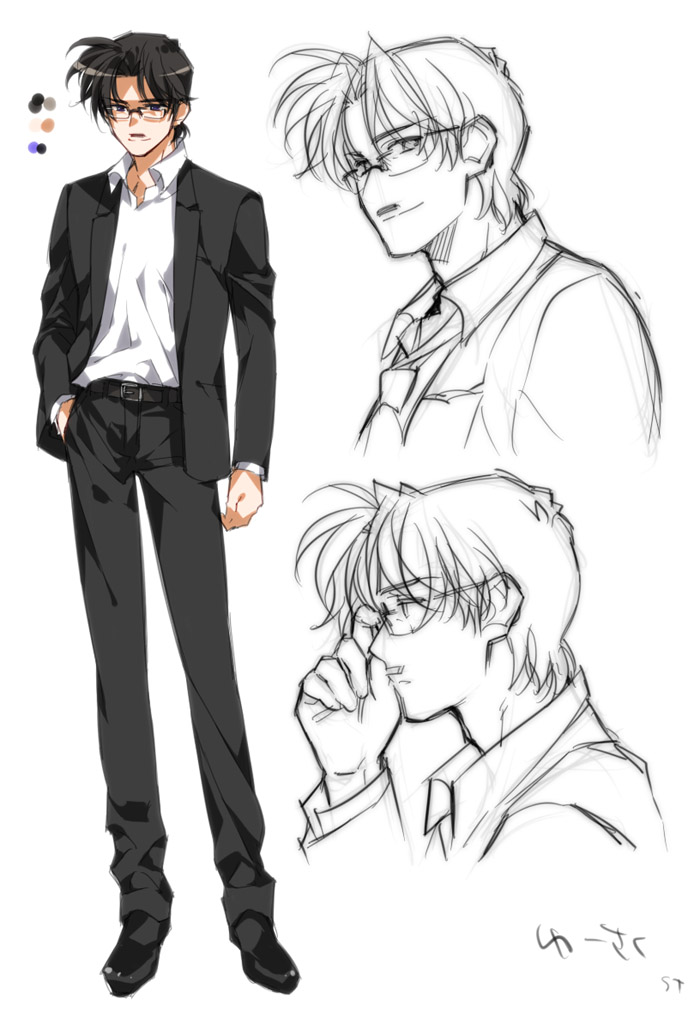 1boy, black_pants, facial_hair, full_body, glasses, kudou_yusaku, male_focus, meitantei_conan, multiple_views, mustache, pants, partially_colored, tagme, white_background