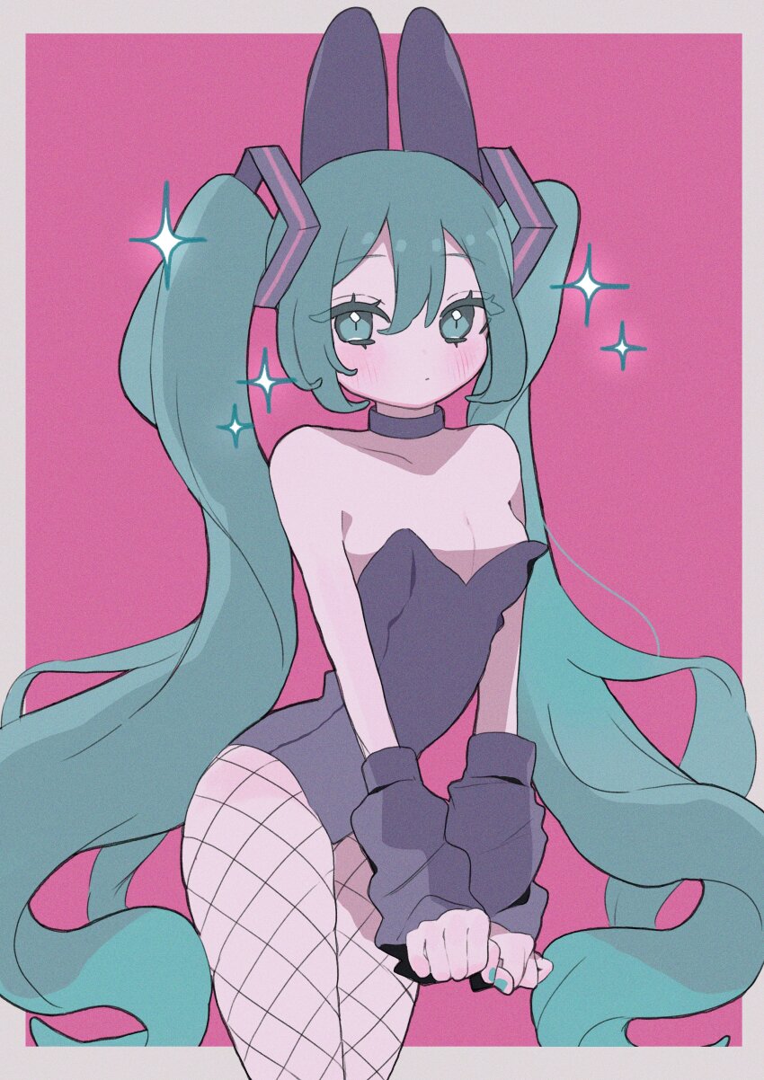 1girl, absurdres, animal_ears, aqua_eyes, aqua_hair, aqua_nails, arm_warmers, black_choker, black_leotard, blush, breasts, choker, commentary, cowboy_shot, expressionless, fake_animal_ears, fishnet_pantyhose, fishnets, hakudaku, hatsune_miku, highres, leotard, long_hair, looking_at_viewer, oversized_breast_cup, pantyhose, pink_background, playboy_bunny, rabbit_ears, small_breasts, solo, sparkle, twintails, very_long_hair, vocaloid