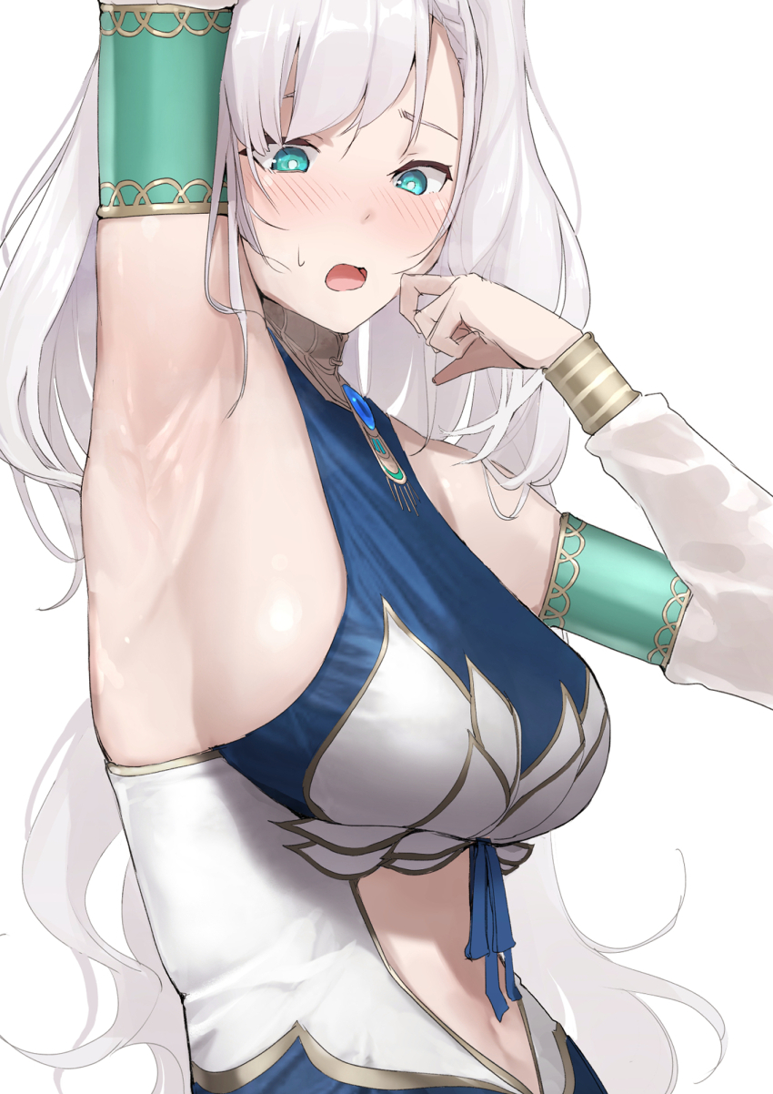 1girl, arm_up, armpit_focus, armpits, arms_up, bare_shoulders, blue_eyes, blush