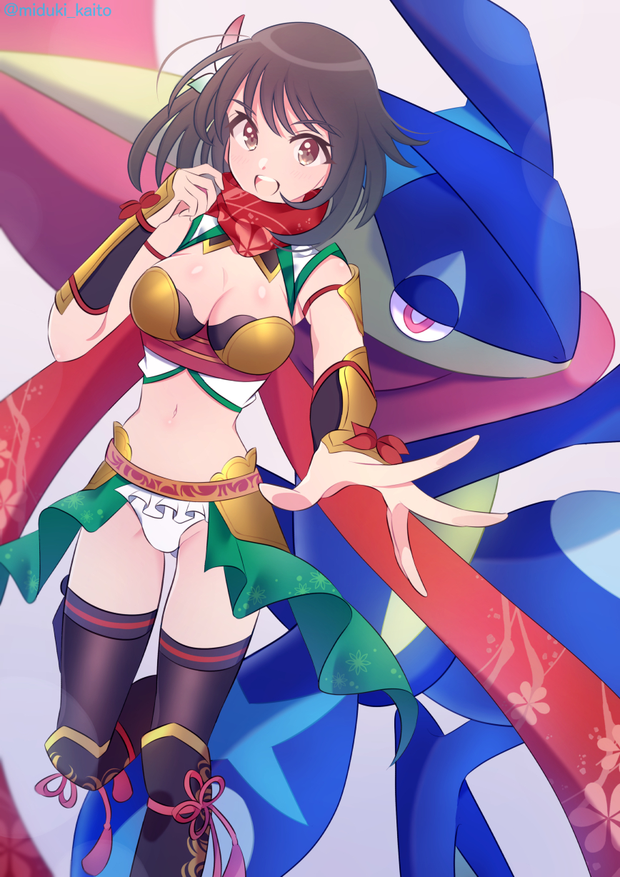 1girl, adjusting_scarf, armor, asuka_(senran_kagura), bikini_armor, black_hair, black_thighhighs, blush