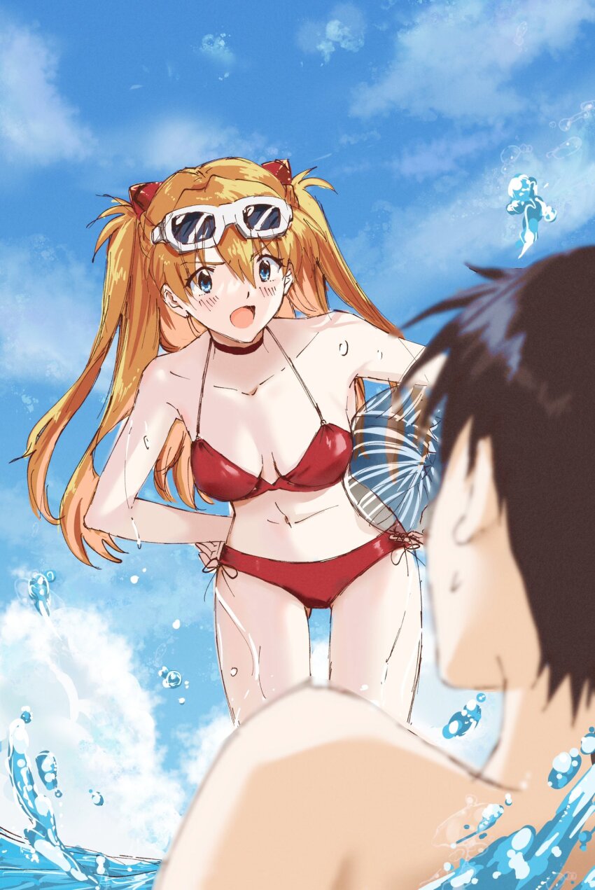 1boy, 1girl, bikini, blue_eyes, blush, breasts, cleavage, highres, ikari_shinji, interface_headset_(evangelion), long_hair, medium_breasts, neon_genesis_evangelion, orange_hair, red_bikini, souryuu_asuka_langley, sunglasses, swimsuit, two_side_up, unihotate0329