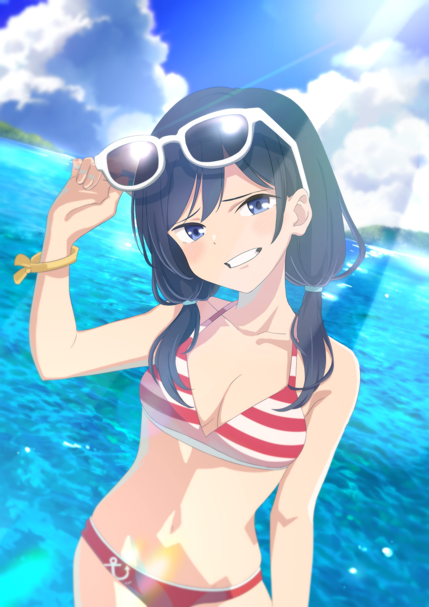 1girl, absurdres, adjusting_eyewear, bare_shoulders, bikini, black_hair, blue_eyes, blush, bracelet, breasts, clenched_teeth, cloud, collarbone, eyewear_on_head, giji_harem, highres, long_hair, looking_at_viewer, medium_breasts, nanakura_rin, navel, ocean, official_art, red_bikini, sky, solar_flare, solo, standing, striped_bikini, striped_clothes, sunglasses, swimsuit, teeth, white-framed_eyewear, yellow_bracelet