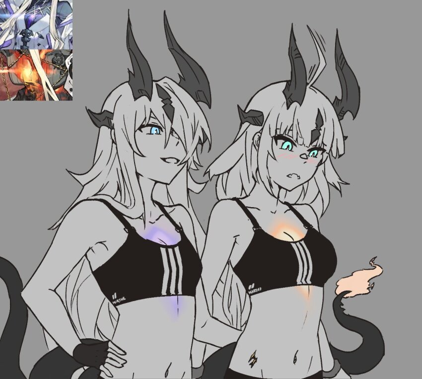 2girls, :d, aqua_eyes, arknights, astrograph21, bare_arms, bare_shoulders, blue_eyes, breasts, cleavage, collarbone, commentary, crop_top, d:, fire, flame-tipped_tail, greyscale, horns, limited_palette, long_hair, medium_breasts, medium_support_(meme), meme, midriff, monochrome, multiple_girls, navel, necrass_(arknights), open_mouth, reed_(arknights), siblings, sisters, smile, sports_bra, stomach, tail, upper_body, very_long_hair