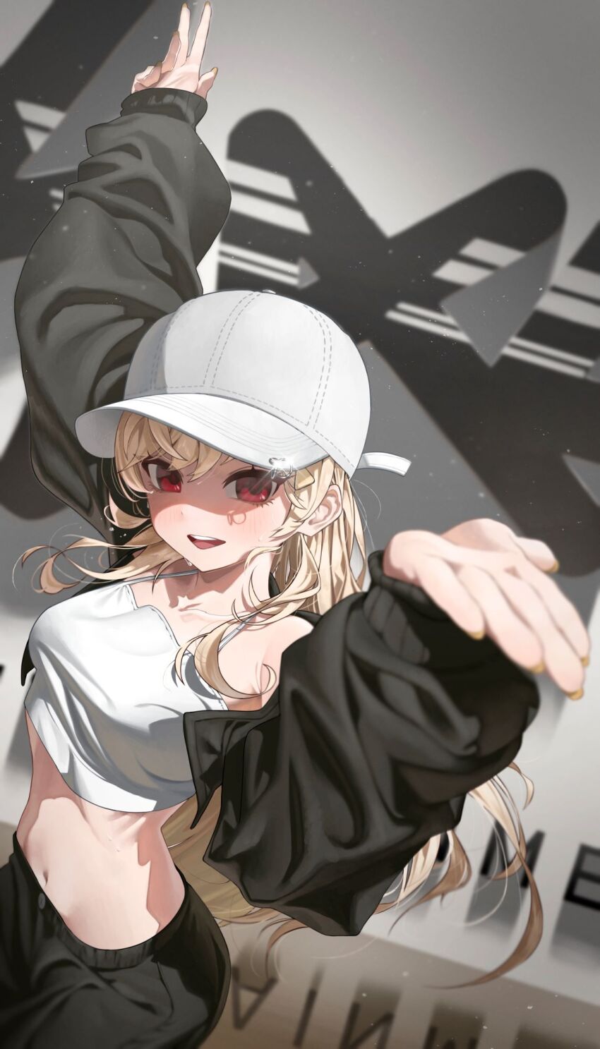 1girl, :d, arms_up, black_jacket, black_pants, blonde_hair, blush, breasts