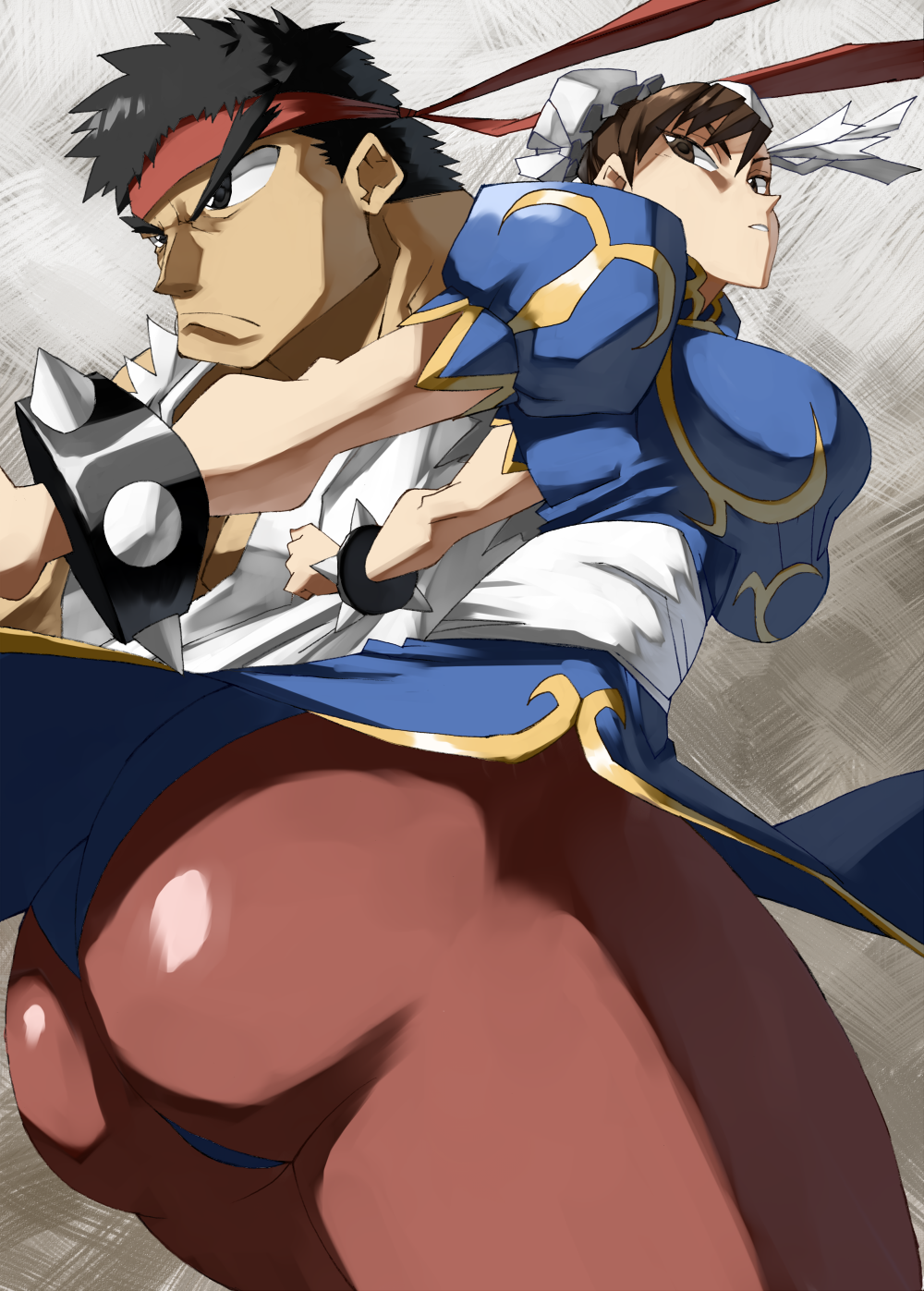 1boy, 1girl, angry, arms_behind_back, ass, black_hair, blue_dress, blue_leotard