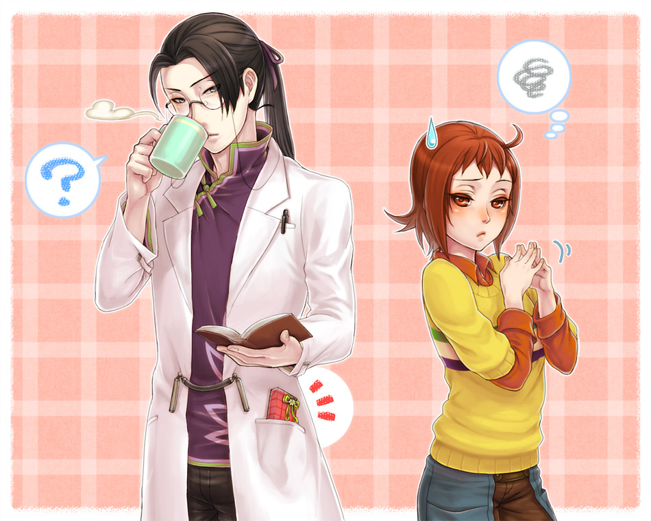 1boy, 1girl, ?, akari_(bokujou_monogatari), black_hair, bokujou_monogatari, bokujou_monogatari:_waku_waku_animal_march, book, brown_eyes, brown_hair, chinese_clothes, couple, doctor, drinking, glasses, hal_(sakurajam), harvest_moon, harvest_moon_animal_parade, harvest_moon_tree_of_tranquility, hetero, pen, plaid, ponytail, speech_bubble, squiggle, steepled_fingers, sweatdrop, sweater, tangzhuang, tea, thought_bubble, won_(bokujou_monogatari)