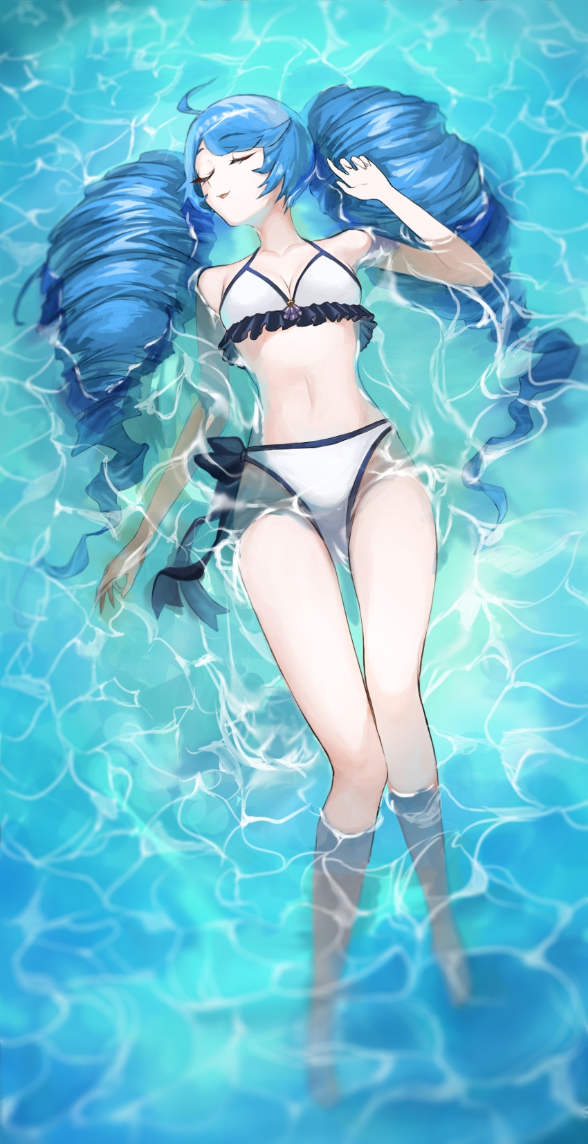 1girl, absurdres, ahoge, alternate_costume, bikini, blue_hair, breasts, cleavage, closed_eyes, drill_hair, gwen_(league_of_legends), hand_up, highres, league_of_legends, lying, medium_breasts, navel, on_back, rayn87250715, small_breasts, smile, solo, stomach, swept_bangs, swimsuit, twin_drills, twintails, white_bikini