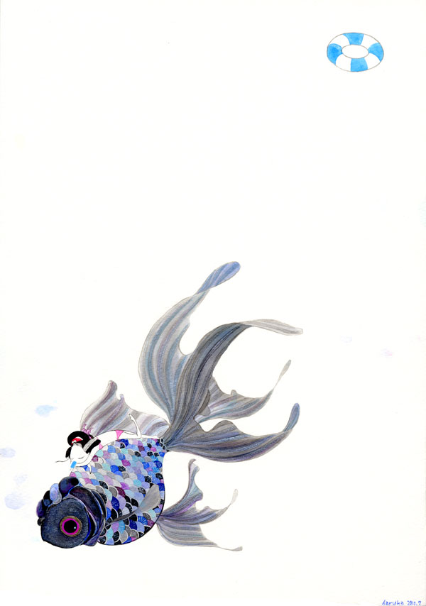 1girl, bikini, female_focus, fish, food, food_in_mouth, innertube, makita_haruka