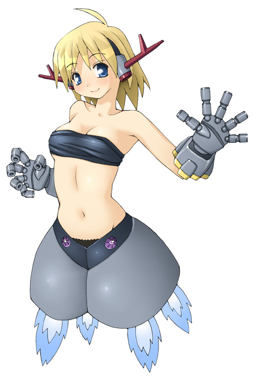 1girl, ahoge, antennae, bandeau, blonde_hair, blue_eyes, breasts, eighty_percent_complete_(meme), female_focus, gundam, horns, mecha_musume, meme, midriff, mobile_suit_gundam, navel, personification, piiton, short_hair, simple_background, solo, those_are_just_for_decoration, zeong