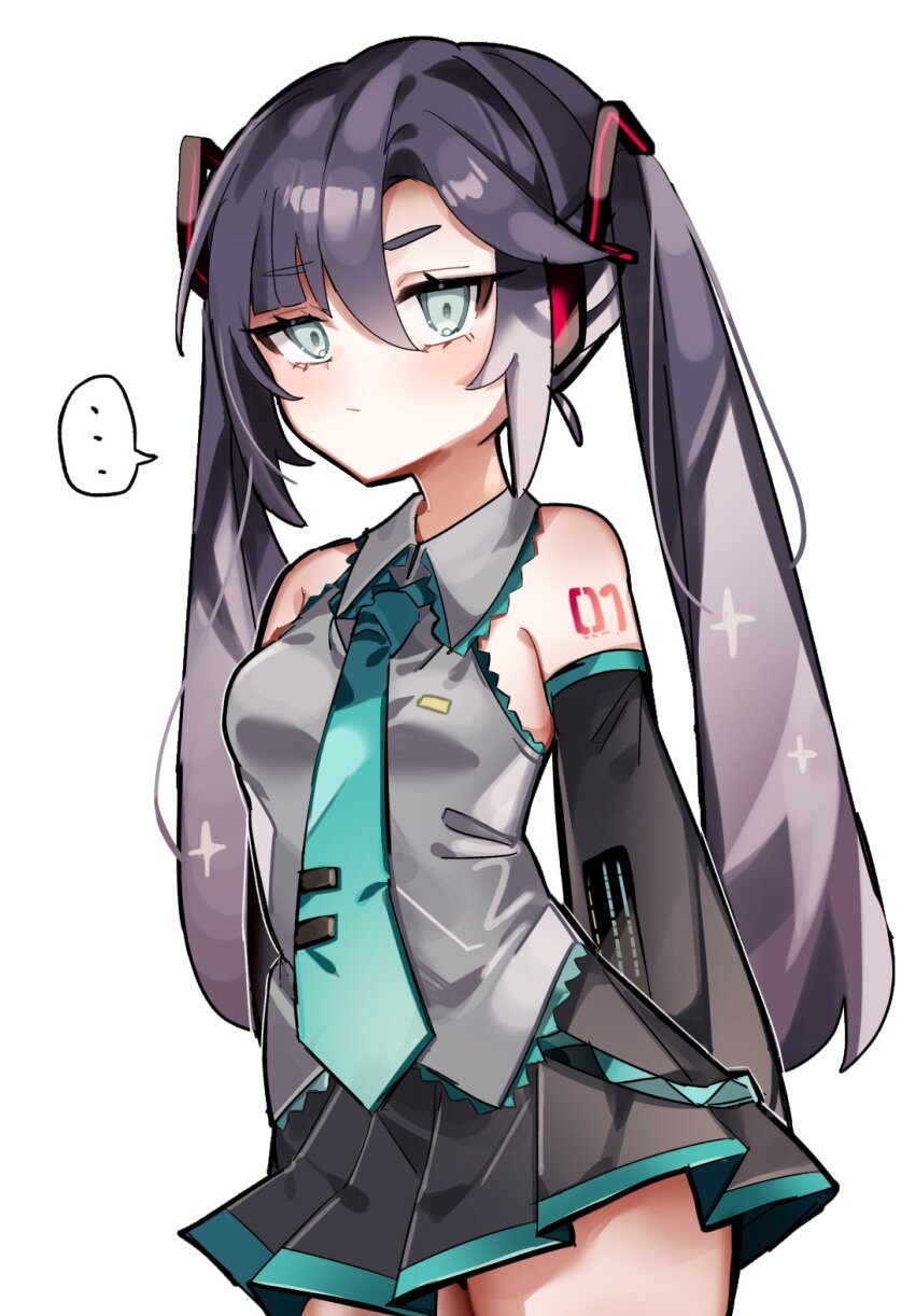 ..., 1girl, aqua_eyes, aqua_necktie, arms_behind_back, bare_shoulders, black_skirt, breasts, closed_mouth, cosplay, deeeeeeen114514, detached_sleeves, genshin_impact, half-closed_eyes, hatsune_miku, hatsune_miku_(cosplay), highres, long_hair, long_sleeves, looking_at_viewer, mona_(genshin_impact), multicolored_hair, necktie, pleated_skirt, skirt, small_breasts, solo, speech_bubble, thought_bubble, two-tone_hair, vocaloid