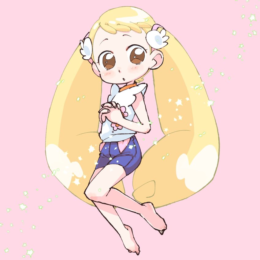 1girl, barefoot, blonde_hair, blue_shorts, blush, brown_eyes, commentary_request, floral_print