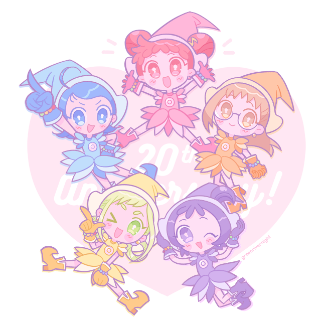 5girls, :d, ahoge, anniversary, arm_up, arms_up, asuka_momoko, blonde_hair