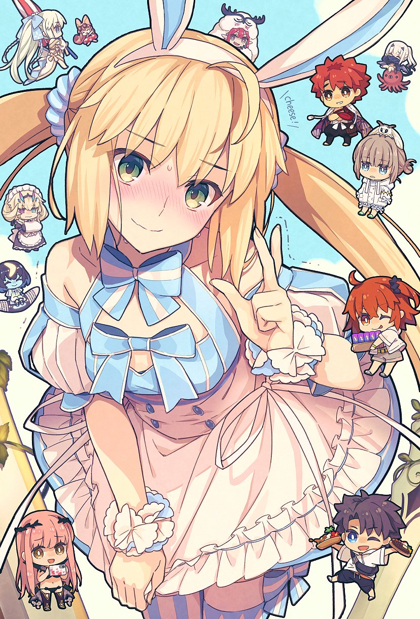 3boys, 6+girls, ahoge, animal_ears, apron, artoria_caster_(fate), artoria_caster_(swimsuit)_(fate), artoria_caster_(swimsuit)_(second_acension)_(fate)