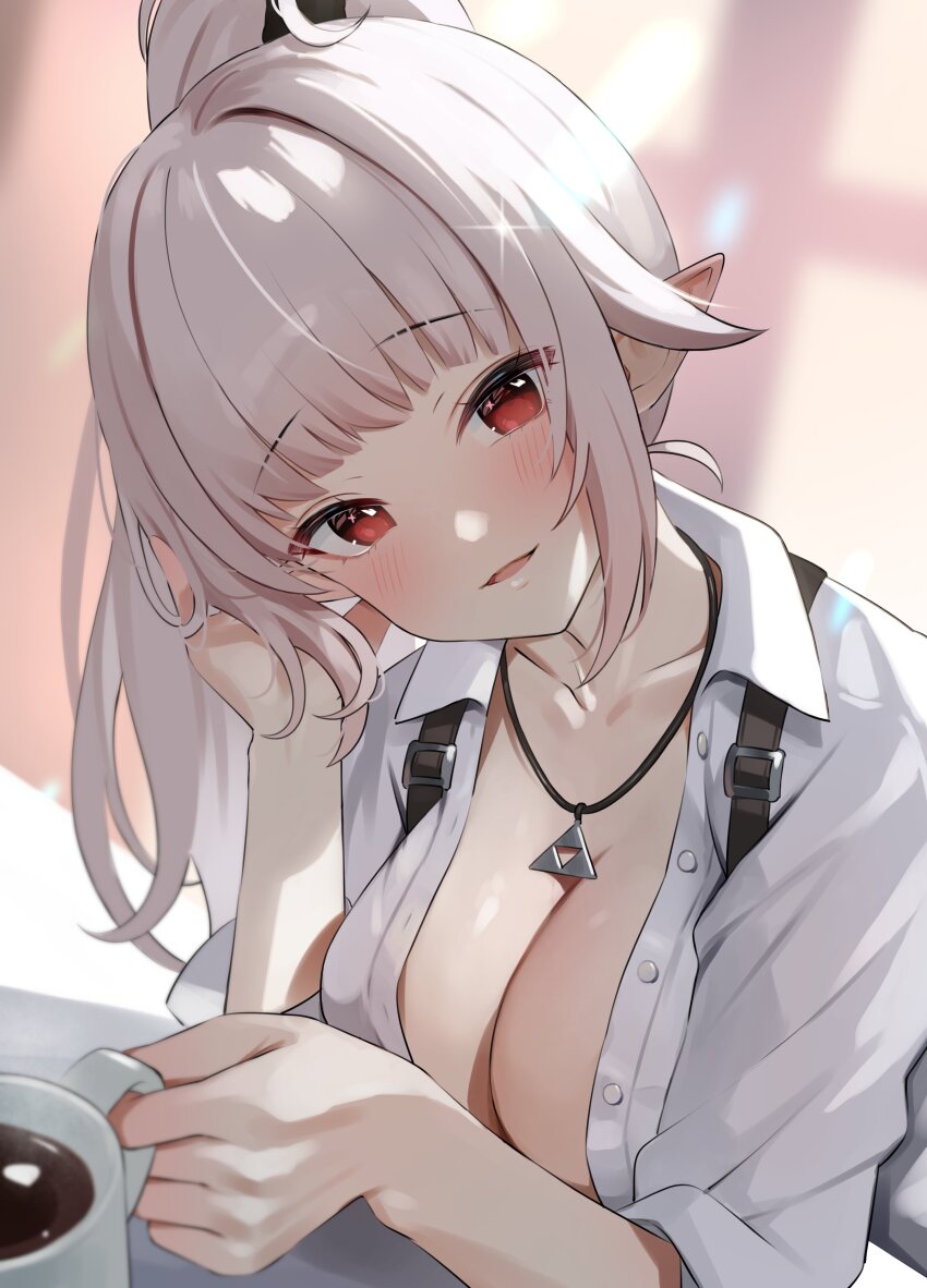 1girl, absurdres, blush, breasts, buttons, cleavage, collarbone, collared_shirt, commentary, cup, eine_lotta, english_commentary, grey_hair, head_tilt, high_ponytail, highres, holding, holding_cup, indie_virtual_youtuber, jewelry, kkix25, large_breasts, long_hair, looking_at_viewer, necklace, open_clothes, open_shirt, parted_lips, pointy_ears, ponytail, red_eyes, second-party_source, shirt, short_sleeves, sidelocks, smile, solo, virtual_youtuber, white_shirt