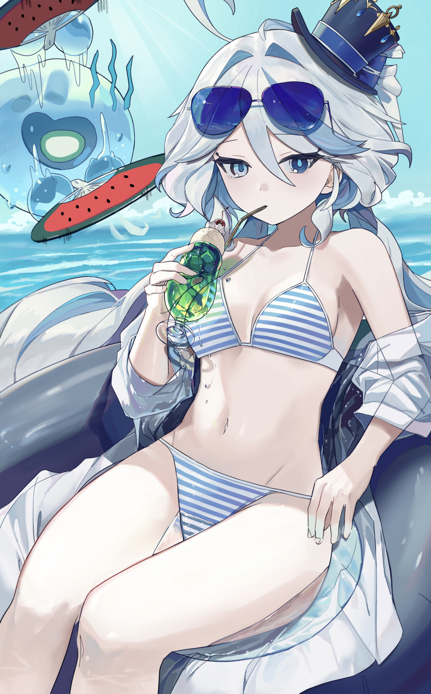1girl, absurdres, ahoge, aviator_sunglasses, bare_shoulders, bikini, blue_eyes, blue_hair, blue_hat, blue_sky, breasts, commentary, cup, day, drinking, drinking_glass, drinking_straw, eyewear_on_head, furina_(genshin_impact), genshin_impact, groin, hair_between_eyes, hair_intakes, hand_fan, hat, highres, holding, holding_cup, holding_fan, hydro_eidolon_(genshin_impact), long_hair, looking_at_viewer, mini_hat, mini_top_hat, mirae, navel, ocean, off_shoulder, outdoors, paper_fan, sitting, sky, small_breasts, solo, stomach, striped_bikini, striped_clothes, sunglasses, swimsuit, untranslatable_commentary, thighs, top_hat, uchiwa, very_long_hair