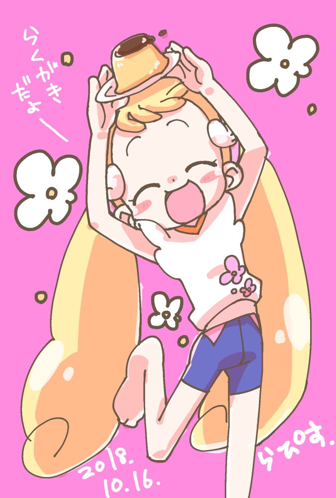 1girl, :d, ^_^, arms_up, artist_name, blonde_hair, blue_shorts, blush