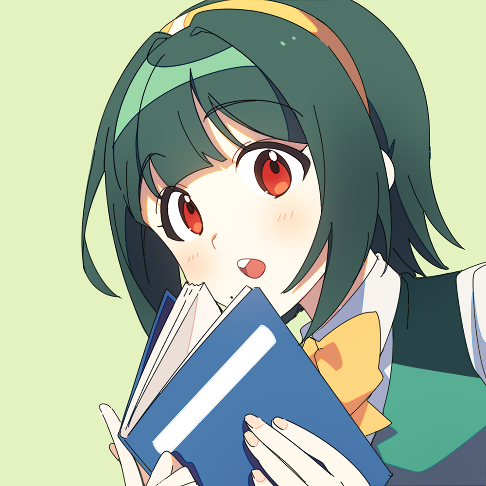 1girl, ap_bar, blush, book, bow, bowtie, green_background, green_hair