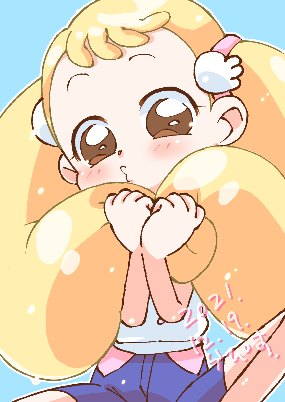 1girl, artist_name, blonde_hair, blue_background, blue_shorts, blush, brown_eyes, bunching_hair