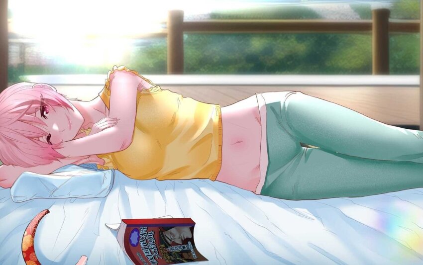 1girl, bed, book, brown_hairband, cropped_shirt, crossed_arms, dosanko_gal_wa_namaramenkoi, green_pants