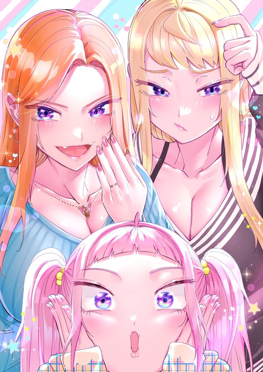 3girls, :d, black_shirt, blonde_hair, blue_sweater, blush, breasts, cleavage, collarbone, dosanko_gal_wa_namaramenkoi, family, fangs, frown, fuyuki_mai, fuyuki_minami, fuyuki_momoko, hair_behind_ear, hand_on_own_cheek, hand_on_own_face, hands_on_own_cheeks, hands_on_own_face, highres, ikada_kai, jewelry, large_breasts, long_hair, long_sleeves, looking_at_viewer, mature_female, mother_and_child, mother_and_daughter, multiple_girls, nail_polish, necklace, official_art, open_mouth, orange_hair, parent_and_child, pink_hair, pink_nails, purple_eyes, ribbed_sweater, shirt, siblings, sisters, sleeves_past_wrists, smile, sparkle, star_(symbol), sweater