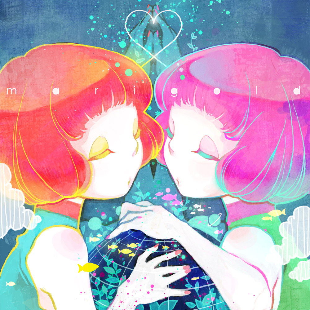 2girls, bare_shoulders, bemani, closed_eyes, eyeshadow, fish, globe, heart
