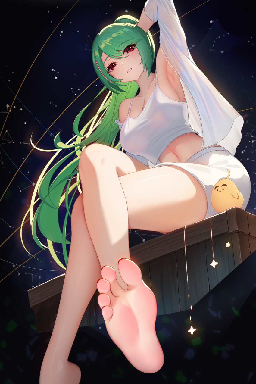 1girl, arm_up, armpits, azur_lane, barefoot, blush, breasts, bush, cleavage, collarbone, crossed_legs, feet, foot_focus, foreshortening, from_below, green_hair, highres, large_breasts, littorio_(azur_lane), littorio_(lounging_emerald)_(azur_lane), long_hair, looking_at_viewer, looking_down, manjuu_(azur_lane), navel, nekoda_(maoda), official_alternate_costume, parted_lips, ponytail, presenting_foot, red_eyes, shirt, short_shorts, shorts, sitting, smile, soles, thighs, toes, white_shirt, white_shorts