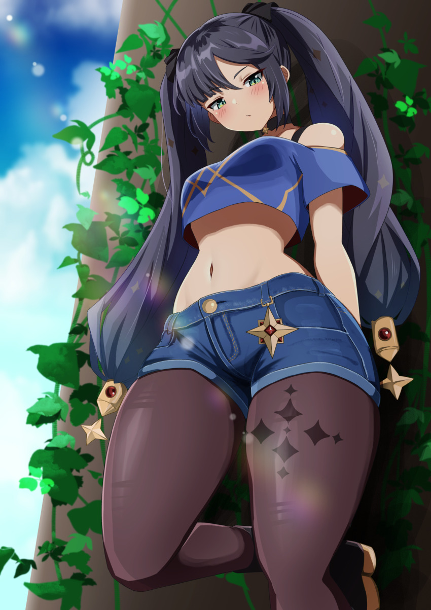 1girl, against_wall, alternate_costume, black_choker, black_hair, blue_shorts, blue_sky, breasts
