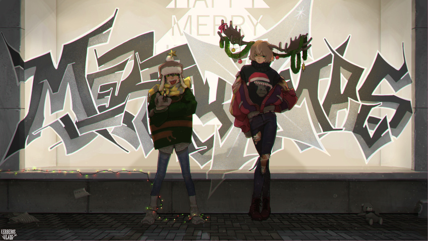 2girls, 344sample, antler_ornament, antlers, black_hair, brown_hair, brown_headwear, christmas_lights