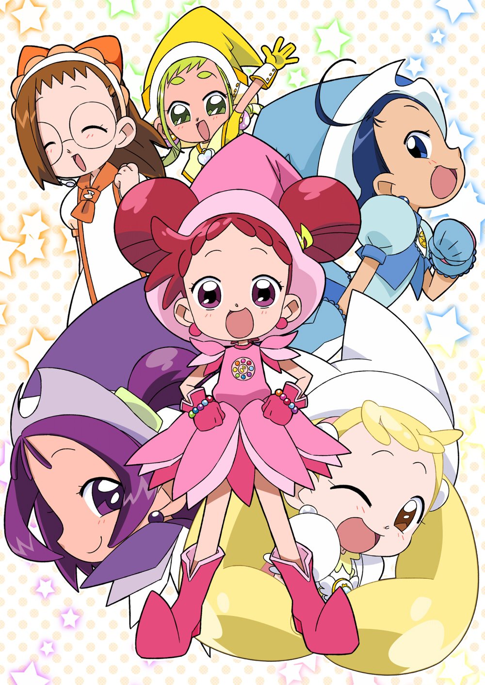 6+girls, :d, ahoge, arm_up, asuka_momoko, blonde_hair, blue_dress, blue_eyes