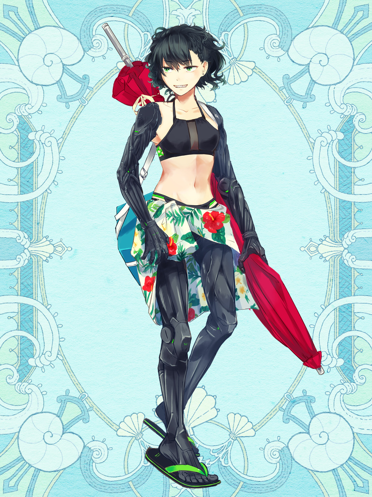 1girl, black_hair, blue_background, breasts, closed_umbrella, cooler, earrings, flip-flops, floral_print, full_body, holding, holding_umbrella, jewelry, kerberos_blade, kiriyama_ikoi, mayonaka_niji_sugi, mechanical_arms, mechanical_legs, navel, sandals, sharp_teeth, short_hair, small_breasts, solo, standing, teeth, umbrella