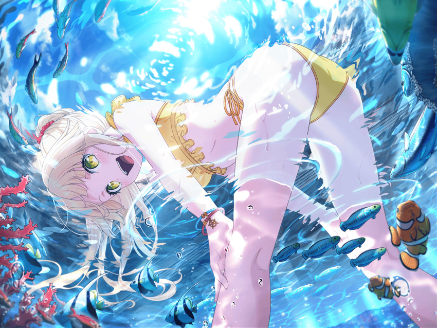 1girl, :d, armpit_crease, artist_request, ass, backlighting, bang_dream!, bang_dream!_girls_band_party!, bent_over, bikini, blonde_hair, blunt_bangs, bracelet, breasts, caustics, clownfish, commentary, feet_out_of_frame, fish, floating_hair, from_below, game_cg, goby_(fish), green_eyes, half_updo, hands_on_own_legs, jewelry, light_blush, long_hair, looking_at_viewer, medium_breasts, multiple_bracelets, official_alternate_costume, official_art, open_mouth, partially_underwater_shot, pink_scrunchie, plant_request, ponytail, scrunchie, side-tie_bikini_bottom, smile, solo, standing, sun, swimsuit, teeth, third-party_source, tongue, tropical_fish, tsurumaki_kokoro, underwater, upper_teeth_only, wading, yellow_bikini