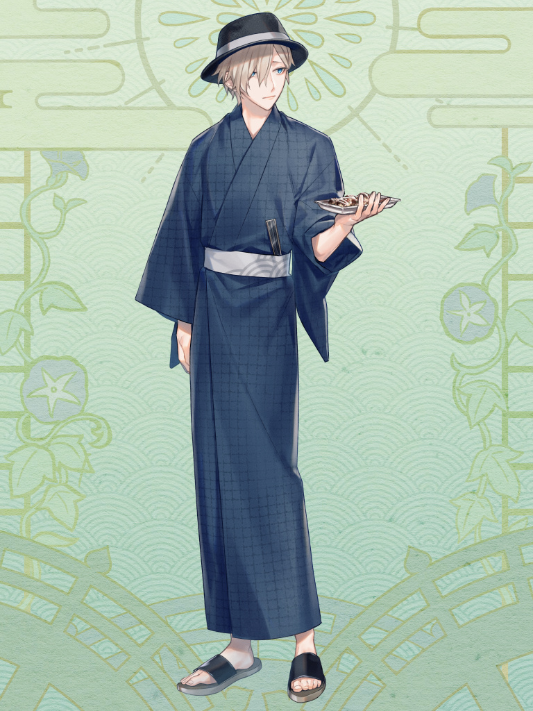 1boy, black_footwear, black_headwear, blue_eyes, blue_kimono, dairoku_ryouhei, folding_fan, food