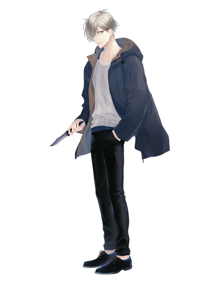 1boy, black_footwear, black_pants, blue_eyes, dairoku_ryouhei, full_body, hair_over_one_eye, hand_in_pocket
