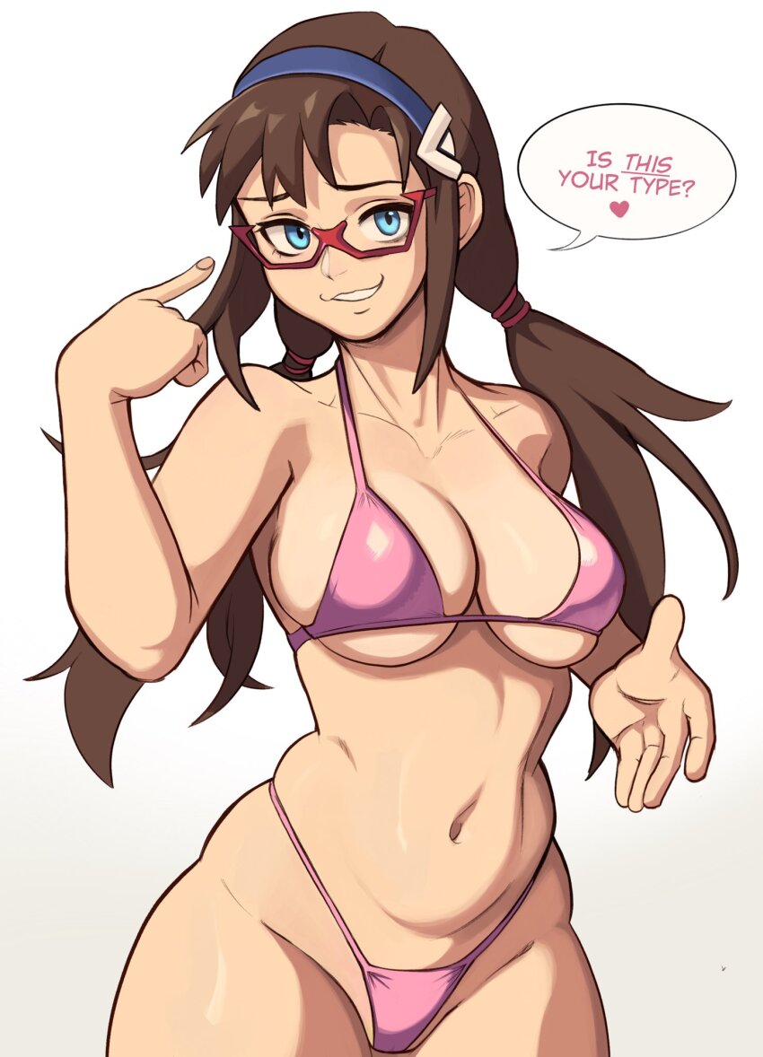 1girl, bikini, blue_eyes, blue_hairband, breasts, brown_hair, cleavage, commentary, english_text, evangelion:_2.0_you_can_(not)_advance, evangelion:_3.0_you_can_(not)_redo, female_focus, fingernails, glasses, hairband, heart, highleg, highleg_bikini, highres, interface_headset_(evangelion), large_breasts, long_hair, low_twintails, makinami_mari_illustrious, micro_bikini, milkmountain, navel, neon_genesis_evangelion, pink_bikini, pointing, pointing_at_self, rebuild_of_evangelion, red-framed_eyewear, semi-rimless_eyewear, smirk, solo, speech_bubble, spoken_heart, string_bikini, swimsuit, twintails, under-rim_eyewear, underboob, untranslatable_commentary