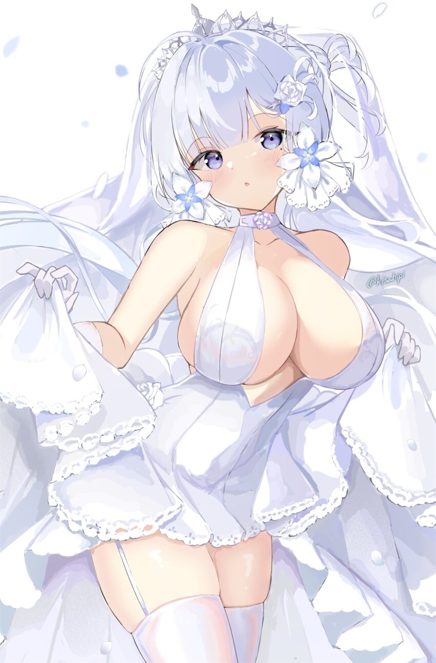 1girl, azur_lane, blue_eyes, breasts, bridal_veil, center_opening, cleavage, cowboy_shot