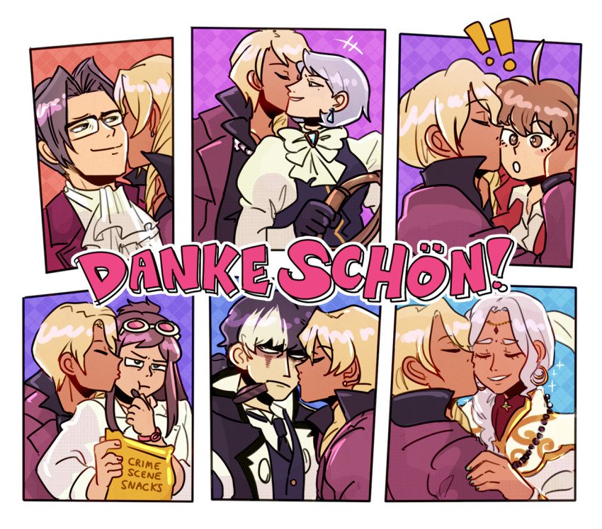 2girls, 5boys, :o, :t, ace_attorney, ahoge, annoyed, ascot